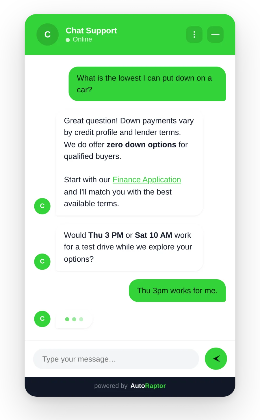 AutoRaptor AI sales assistant chat widget managing instant customer communication for auto dealers