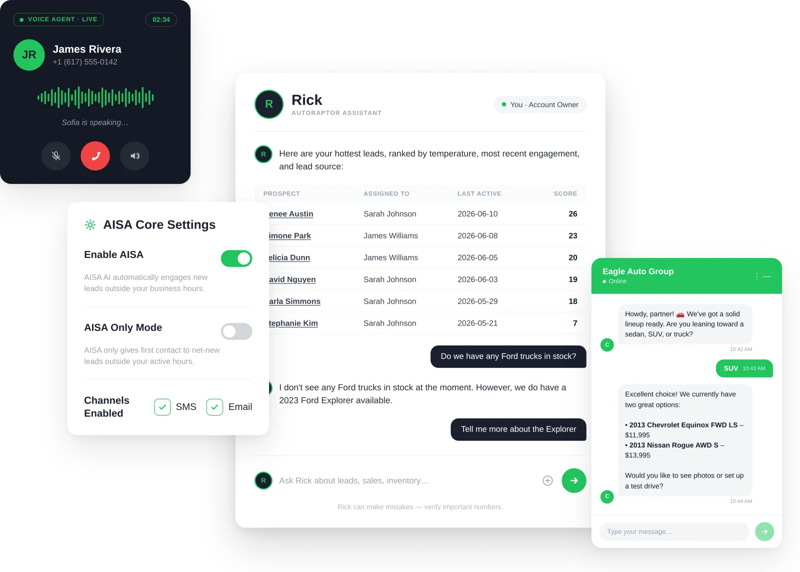 AutoRaptor AI CRM assistant interface for 24-7 car dealership lead response and automation
