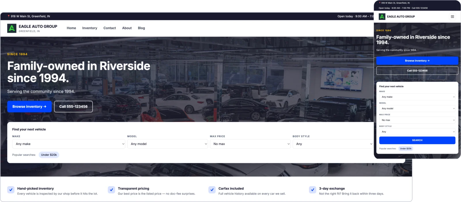 AutoRaptor dealership website and digital retail platform interface showing online inventory and financing tools