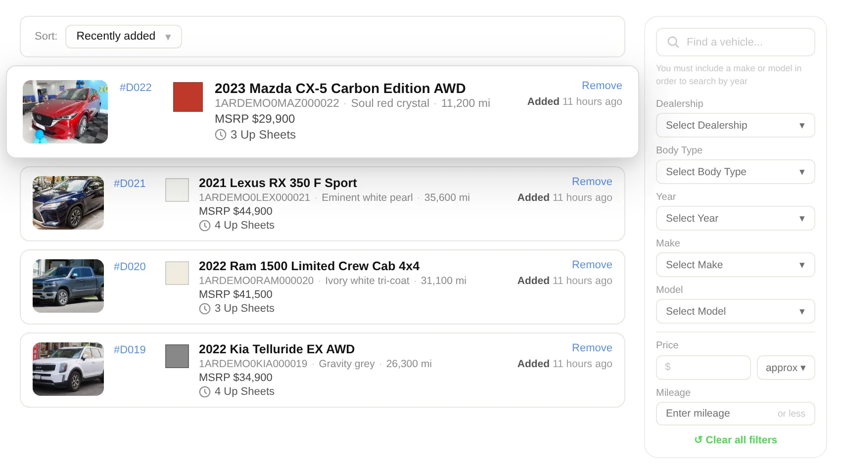 AutoRaptor dealership inventory management software showing vehicle lists and specs for auto dealers