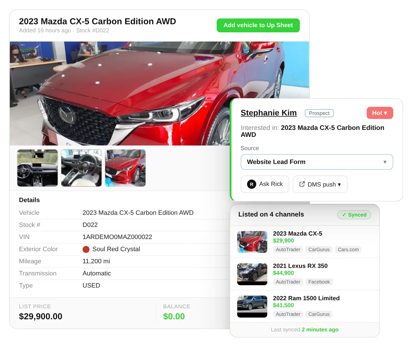AutoRaptor vehicle inventory dashboard showing car details, valuations, and multi-channel syndication