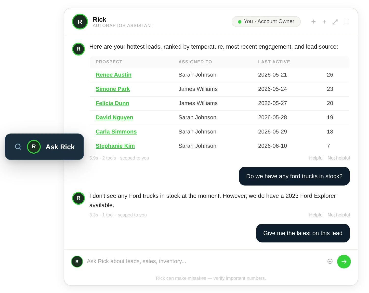 AutoRaptor Rick AI assistant interface showing ranked dealership leads and conversational queries