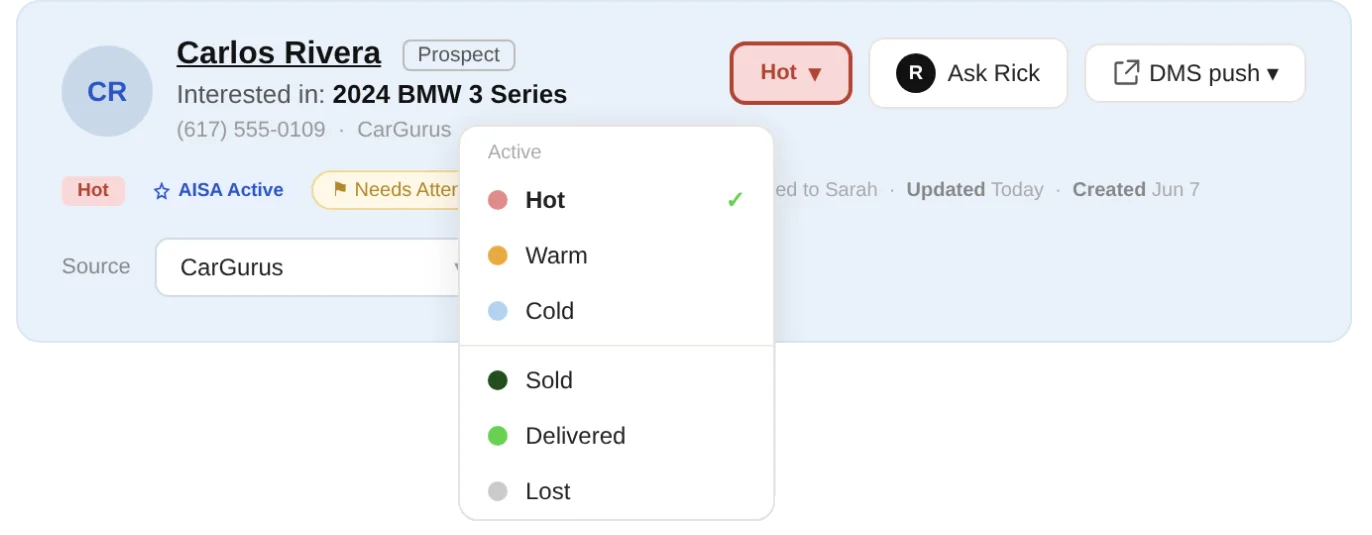 AutoRaptor lead capture and automated rep assignment interface for car dealerships
