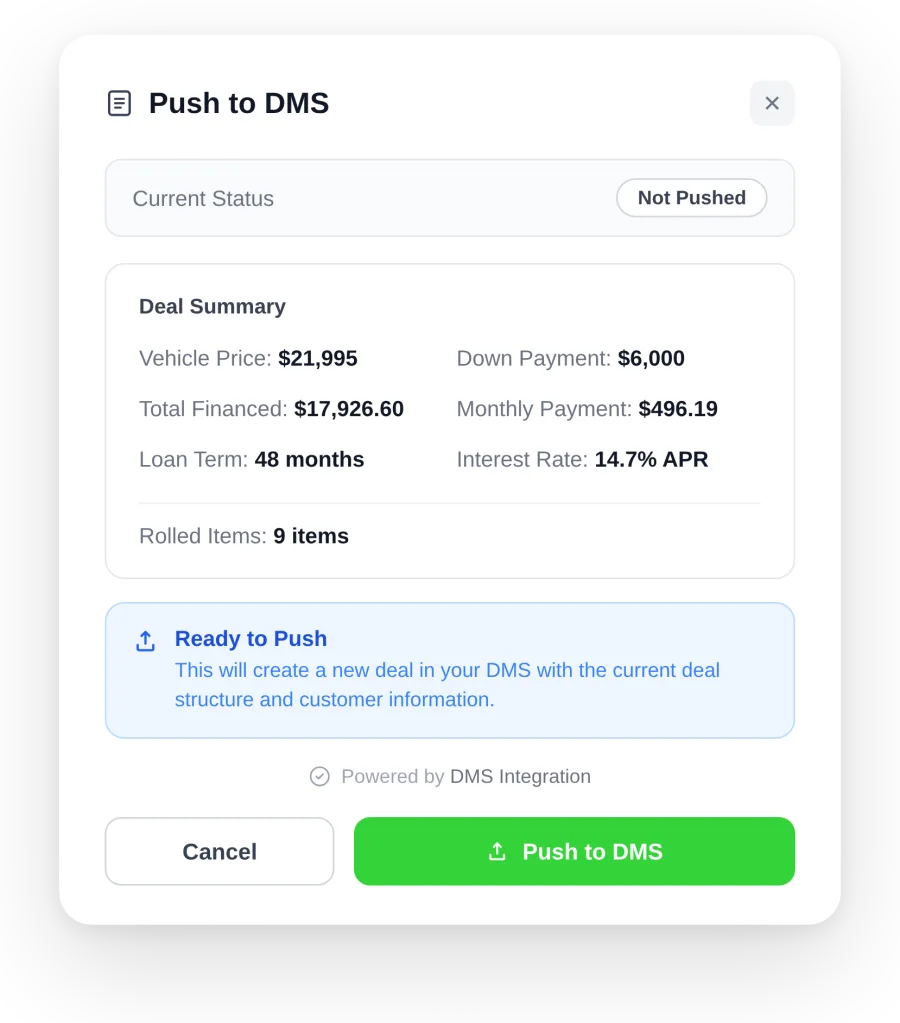 AutoRaptor F and I desk and desking software screen showing push to DMS feature